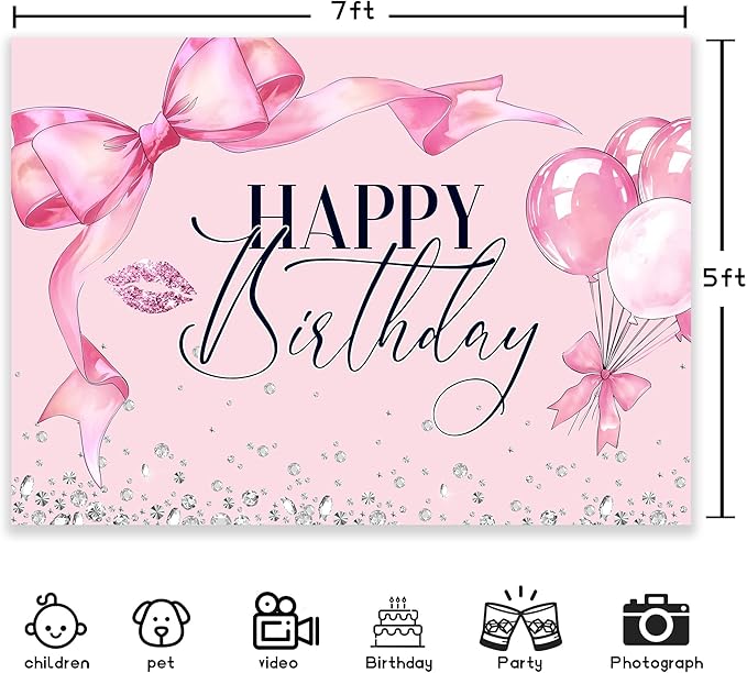 Pink Bow Happy Birthday Backdrop 7Wx5H Photography Bowknot Balloons Coquette Birthday Lips Diamond Balloons Background Woman Bachelorette Party Decorations Banner Photo Booth Props Supplies