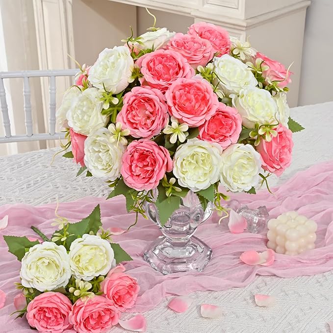 MARTINE MALL 2 Packs Peonies Artificial Flowers, Mixed White Pink Artificial Peonies, Silk Peonies Flowers Fake Peonies Artificial Flowers Peonies Bouquet for Centerpiece Table Wedding Home Decor