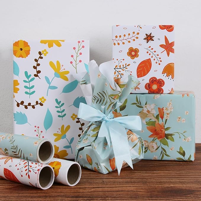 Aimyoo Blue Yellow Floral Wrapping Paper Roll 17 in x 10 ft, Daylily Flower Gift Wrap for Wedding Birthday Bridal Shower