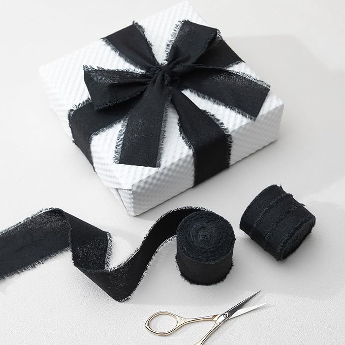 Black Ribbon 1-1/2" x 15Yd Handmade Fringe Cotton Ribbons for Wedding Invitations, Bridal Bouquets Wrapping, Bow Making DIY Crafts Home Decor for Halloween