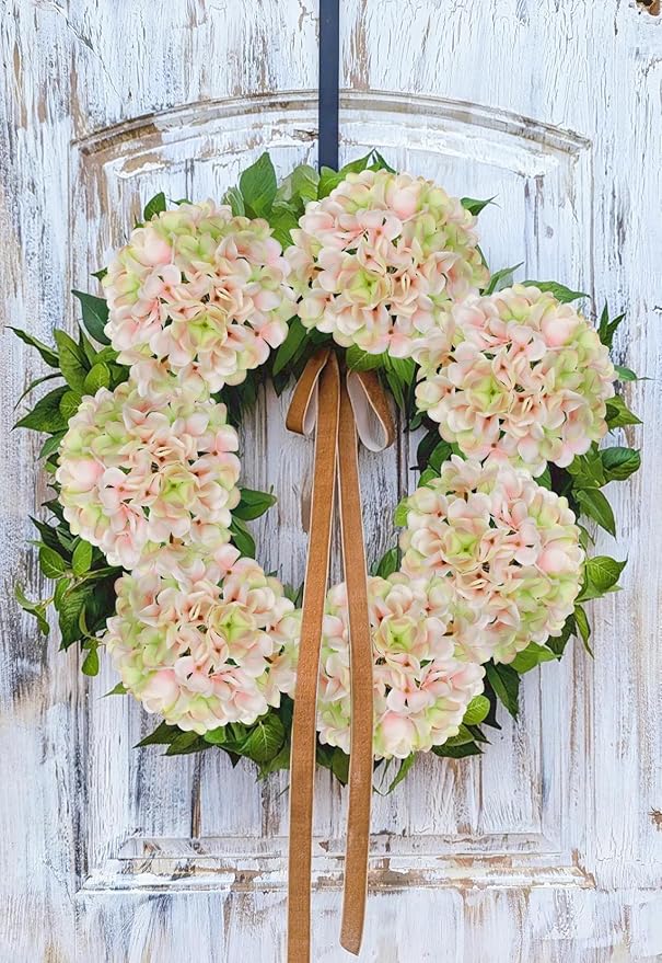 Hollyone Pink Green Silk Hydrangea Artificial Flowers Heads 7.4inch Large Fake Hydrangea 4Pcs Full Faux Flowers with Stems for Wedding Party Table Centerpieces Flower Arrangement Home Decor