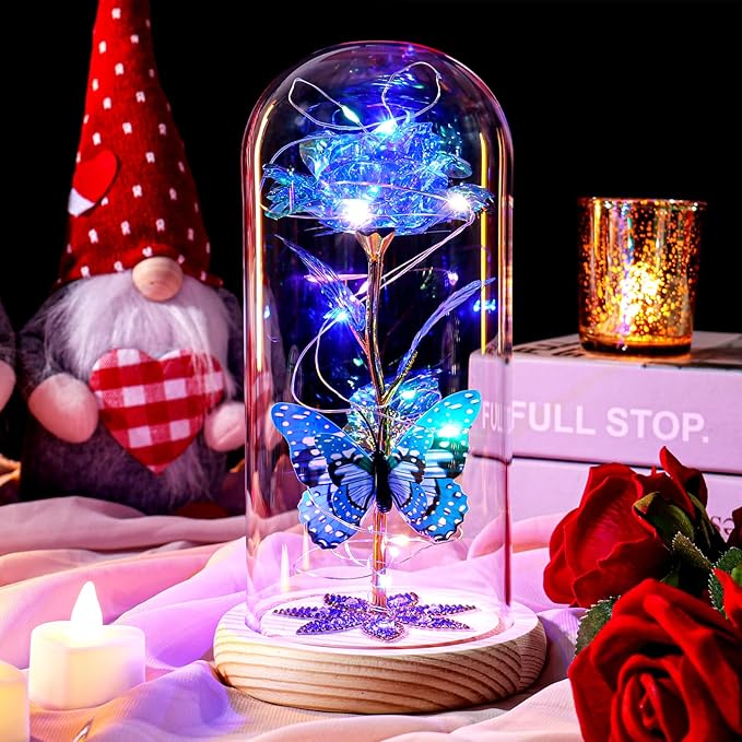 Christmas Rose Gifts for Women Mom Birthday Gifts, Galaxy Glass Rose Forever Preserved Flowers for Delivery Prime Light Up Rose in Glass Dome with Butterfly Xmas Gifts for Grandma Her Wife Daughter