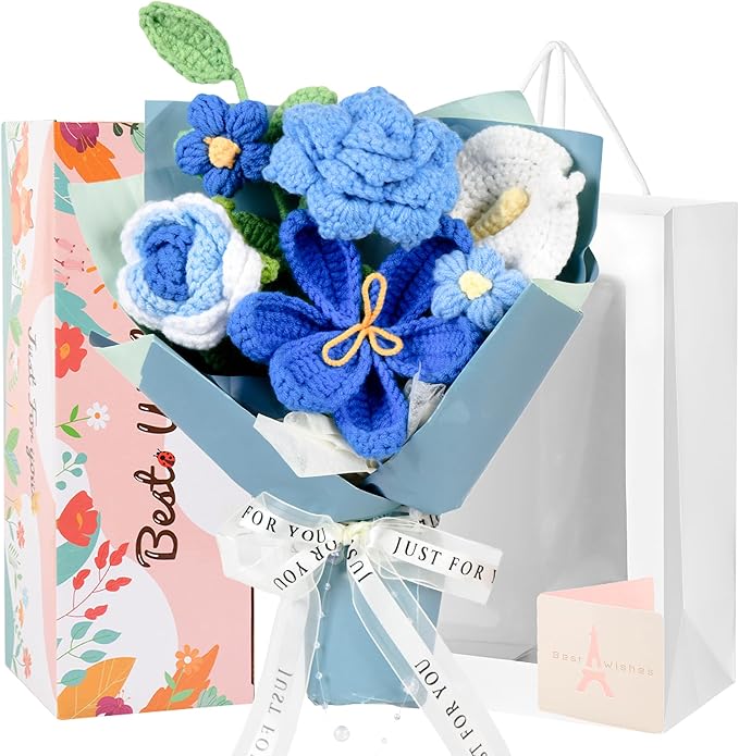 Crochet Flower Bouquet Blue Rose, Handmade Crochet Flowers Knitted Bouquet for Birthday, Wedding, Anniversary, Graduation Gift for Her, Girlfriend, Wife, Womeng (Blue)