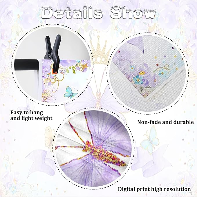 Renaiss 9x6ft Happy Birthday Backdrop Purple Butterfly Flowers Gold Crown Photography Background Daughter Girl Princess Birthday Party Decor Dessert Table Banner Portrait Selfie Group Photo Props