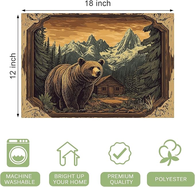 Cabin Bear Placemats Set of 4 Washable Table Mats Rustic Wildlife Hunting Forest Mountain Heat-Resistant Cotton Linen Place Mats for Dining Table Kitchen Indoor Outdoor Party Holiday Decor