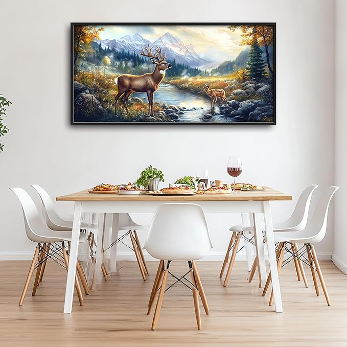 Elk Deer Large Wall Art Framed Farmhouse Wall Decor for Living Room Rustic Cabin Pictures Oversized Canvas Print Painting Modern Extra Large Framed Artwork for Bedroom Office 60"x30"