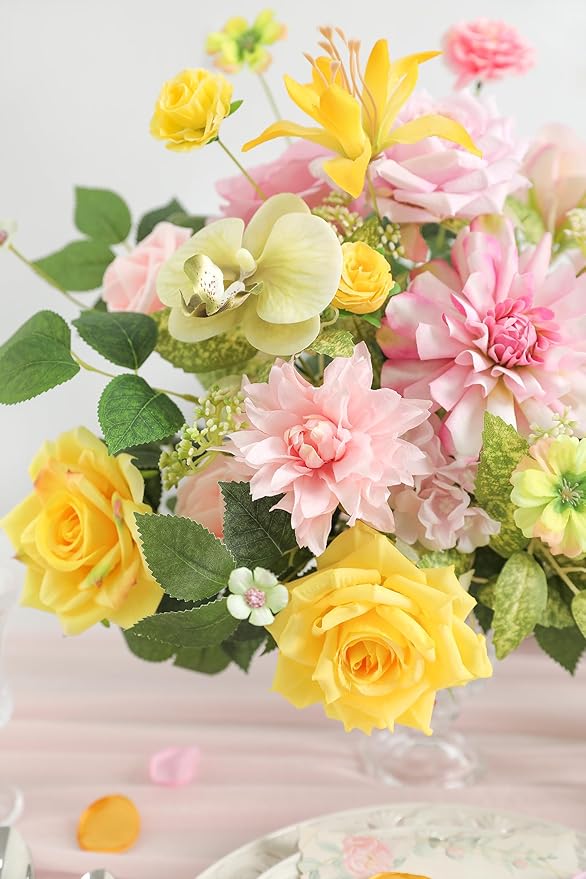 Yellow Pink Artificial Flowers Combo Set Fake Flower Leaf Box with Stemst for DIY Wedding Bridal Bouquet, Centerpieces, Home Decor, Floral Arrangement Decor