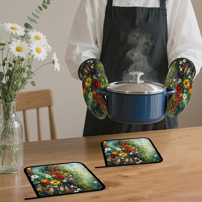 Vintage Flower Fields Oven Mitts and Pot Holders,Heat Resistant Oven Mitts Gloves and Pot Holder for Home Kitchen Decorations Cooking Baking BBQ Gifts,Set of 4