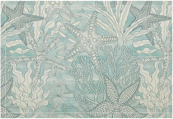 Nautical Placemats Beach Ocean Starfish Seashell Coral Art Printed Dining Table Mats Set of 4 for Restaurant Home Kitchen Holiday Picnic Party Decor 12x18in