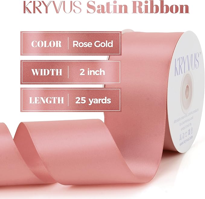 Rose Gold Satin Ribbon, Double Faced 2 Inch X 25 Yards Rose Gold Ribbon, Premium Satin Ribbon for Gift Wrapping, Crafts, Hair Bow Making, Sewing, Flower Bouquet, Wedding Party Decor