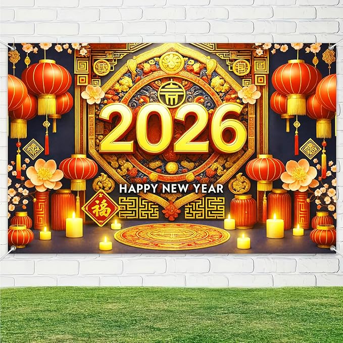 Chinese New Year Banner 71x43 Inch Spring Festival Wall Decoration 2026 Lunar New Year Background with Red Lanterns Gold Fu Character Oriental Pattern for Party Photo Booth Indoor Display