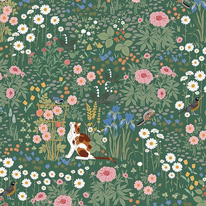 Heroad Floral Peel and Stick Wallpaper Green Wallpaper Boho French Country Contact Paper Vintage Cat Birds Removable Self-Adhesive Wall Paper for Bedroom Kitchen Cabinets Decoration Vinyl 17.3”x393”