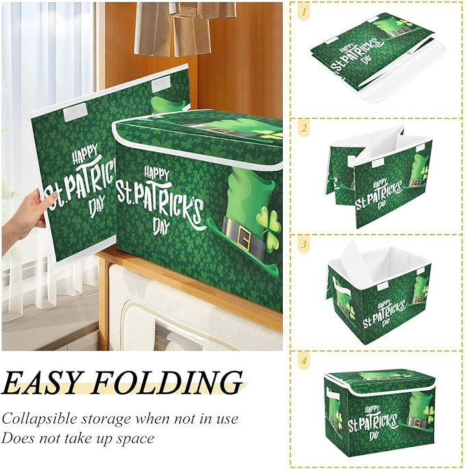 senya St. Patrick's Day Storage Baskets Collapsible Storage Bins with Lids, Saint Patrick's Day and Green Hat on Shamrock Storage Boxes Clothes Baskets for Organizing