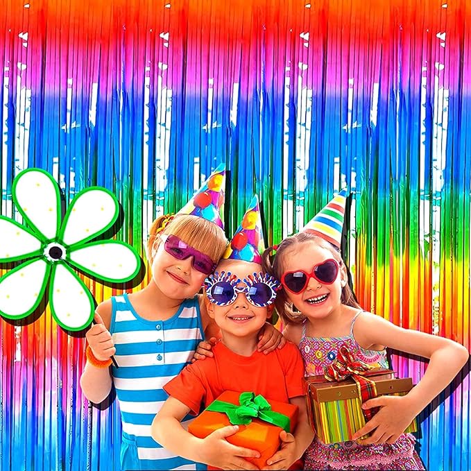 4 Pack Rainbow Tinsel Foil Fringe Curtain Backdrop, 3.28Ft x 8.2Ft Colorful Metallic Streamers for Photo Booth Props Wedding Bridal Shower Bachelorette Birthday Party Decoration New