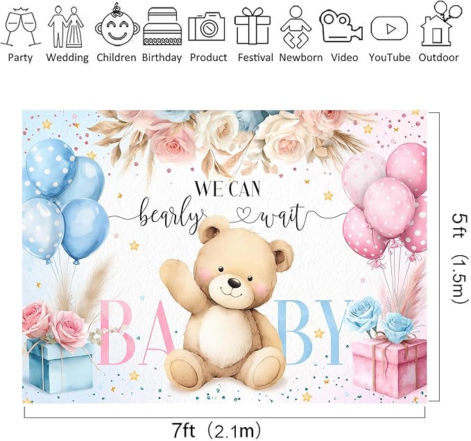 Riyidecor Bear Gender Reveal Backdrop Polyester Fabric We Can Bearly Wait Boho Floral Pampas Grass Rose Flowers 7Wx5H Feet Balloon Baby Shower Photography Background He or She Photo Studio Shoot
