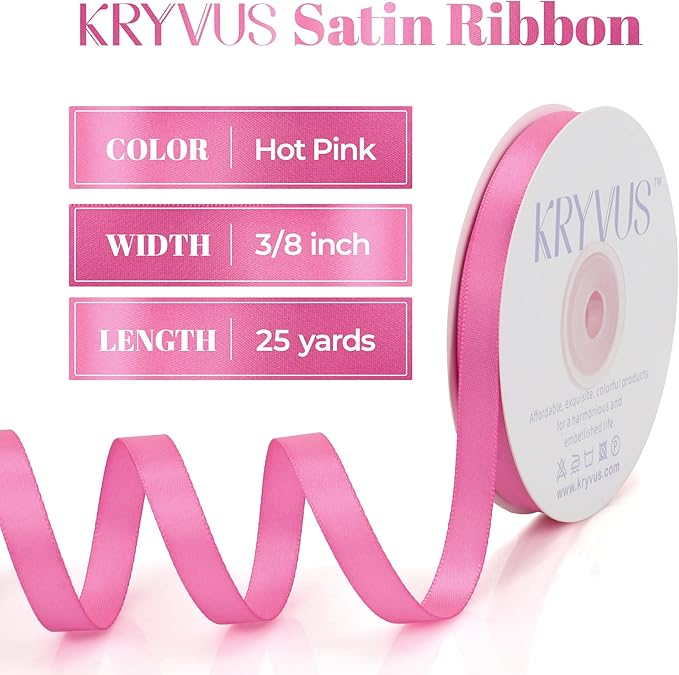 Hot Pink Satin Ribbon, Double Faced 3/8 Inch X 25 Yards Hot Pink Ribbon, Premium Satin Ribbon for Gift Wrapping, Crafts, Hair Bow Making, Sewing, Flower Bouquet, Wedding Party Decor