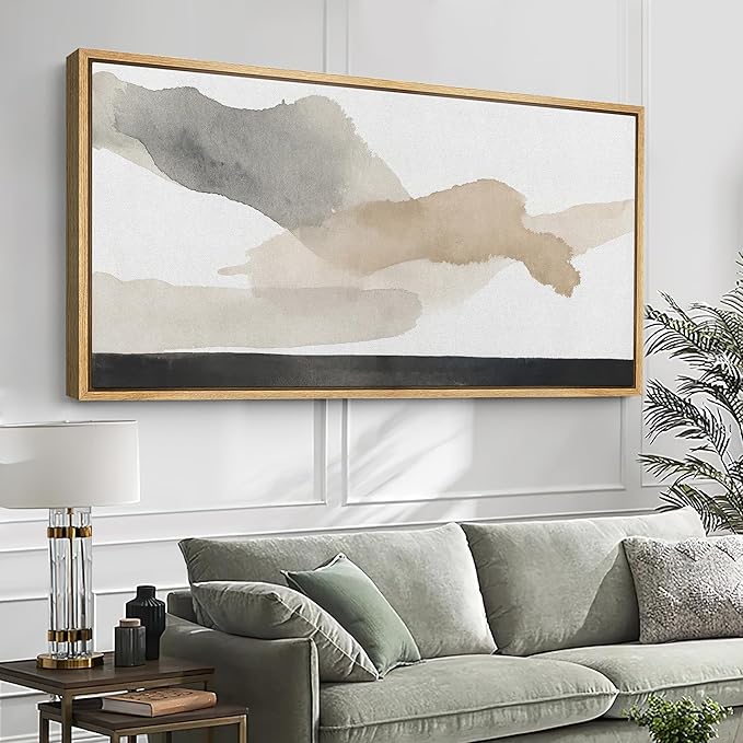 SIGNFORD Extra Large Framed Canvas Print Wall Art Neutral Gray Beige Abstract Brushstroke Illustrations Modern Art Relax/Calm Warm for Living Room, Bedroom, Office - 60"x30"