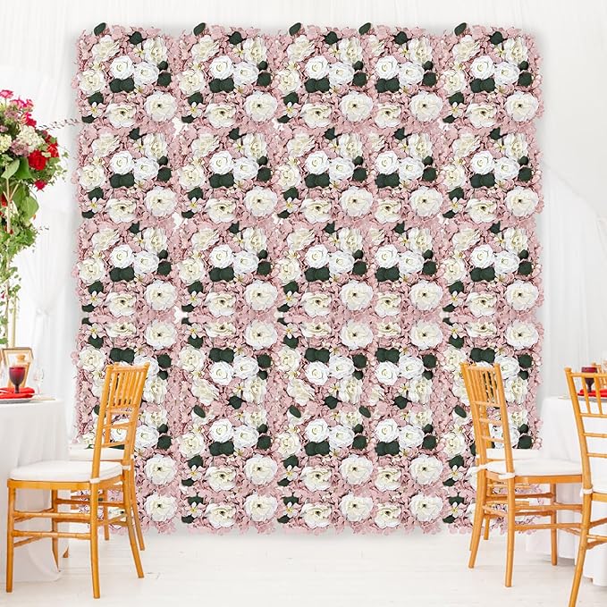 Pack of 6 Artificial Silk Flower Panels, Faux Floral Wall Background for Wedding Party Engagement Bridal Shower Arrangement Home Decorations - Dusty Pink & White