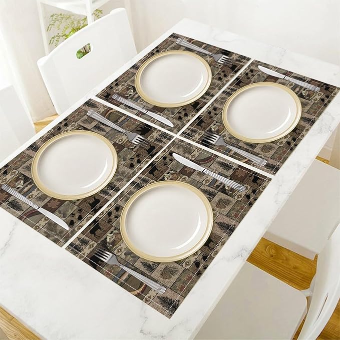 Retro Rustic Bears Deers Lodge Placemats Set of 6, Vintage Cabin Country Farmhouse Style Place Mats, Heat Resistant Non Slip Cotton Linen Dining Table Mats for Home Kitchen Party 18x12 Inch