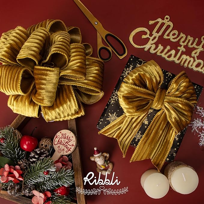 Ribbli Glossy Gold Velvet Wired Ribbon 2.5 Inch Striped Velvet Christmas Ribbon for Gift Wrapping Christmas Tree Decoration Crafts Wreaths Supplies-Continuous 10 Yards