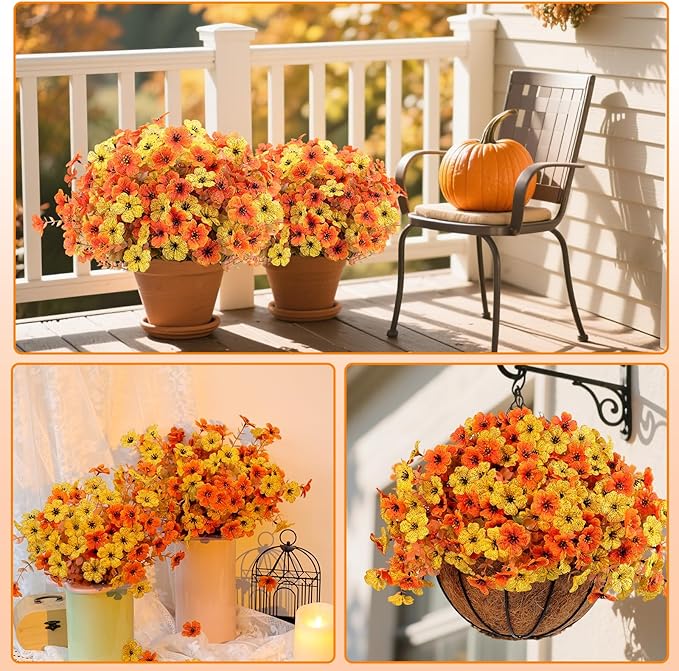 12 Bundles Artificial Fake Mums Flowers for Outdoor Faux Silk Orange Yellow Daisy Realistic UV Resistant No Fade Fake Plants Flowers for Planter Porch Patio Indoor Thanksgiving Decor