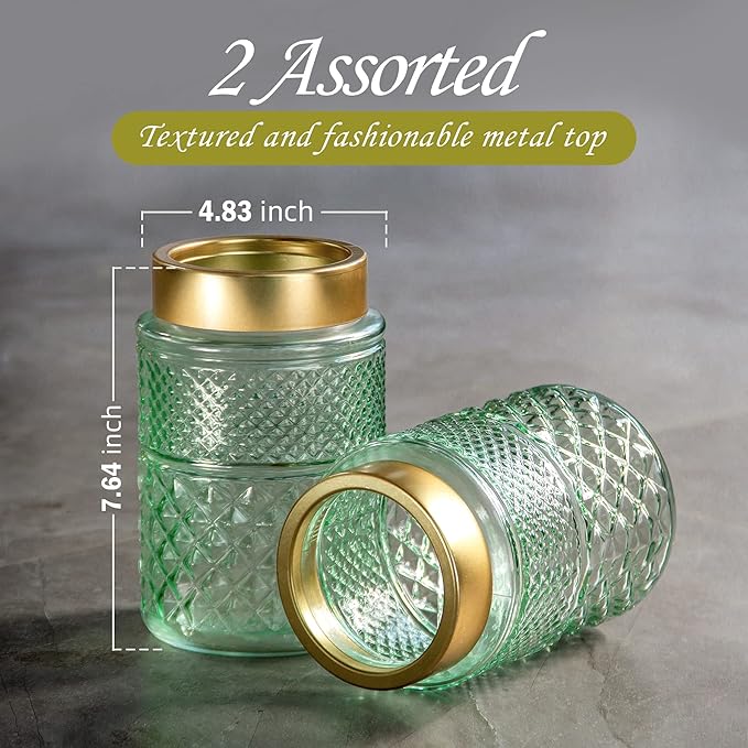 2-Pack Flower Vase Glass, 7.6 inch Green Fluted Vase with Golden Metal Top,Stylish Decorative for Tabletop Centerpiece, Kitchen,Living Room,Bedroom,Bathroom,Office