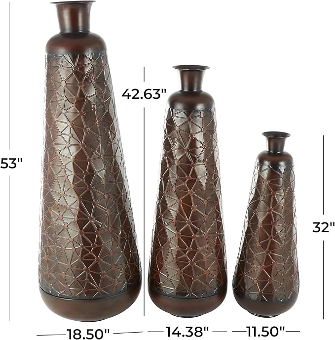 Deco 79 Metal Decorative Vase Tall Teardrop Shaped Centerpiece Vases with Hammered Texture, Set of 3 Vases for Home Decoration 53", 43", 32" H, Dark Brown