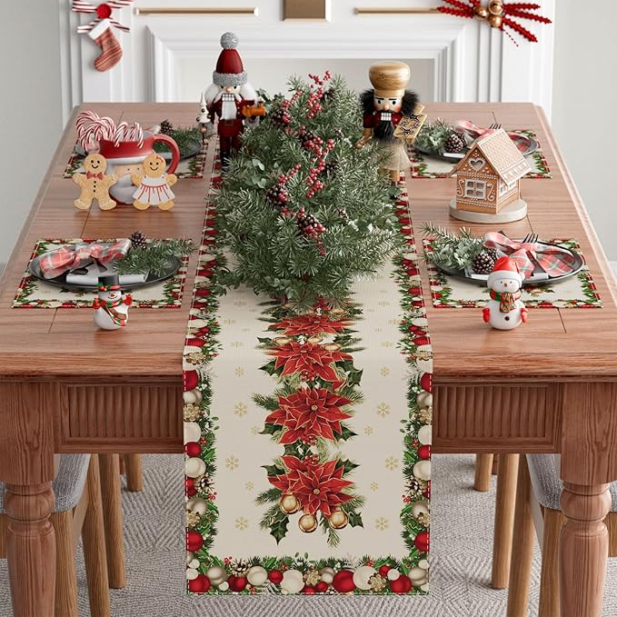 XCHI Christmas Poinsettias Leaves Bells Snowflakes Winter Xmas Table Runner Table Decoration for Home Kitchen Dining Holiday Decor 13x120 Inch