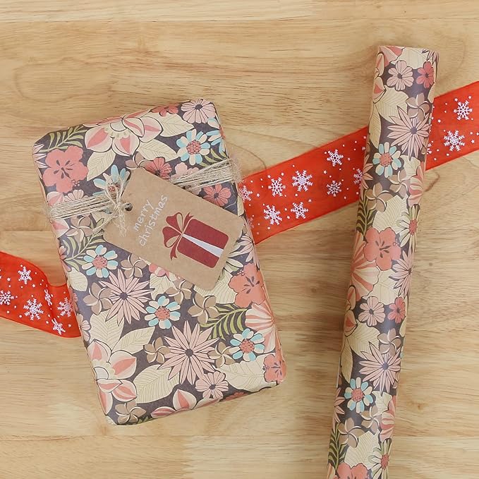 Aimyoo Kraft Floral Wrapping Paper Jumbo Roll, All Occasion Flower Gift Wrap Paper for Wedding Bridal Shower Birthday, 17 in x 60 ft