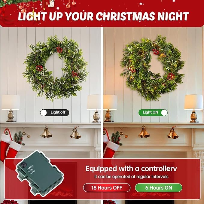 6FT Christmas Garland – Artificial Norfolk Pine Olive Garland with Red Berries, Pinecones & 20 Warm LED Timer Lights – Holiday Garland for Home, Wedding, Party Decorations