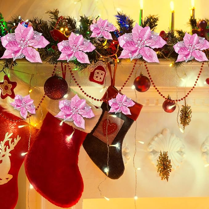 WILLBOND 36 Pieces Christmas Poinsettia Glitter Faux Flowers Christmas Artificial Flowers Tree Ornaments Topper Xmas Decorations(Pink)