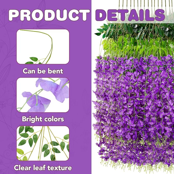 Wisteria Hanging Flowers,Fake Hanging Flowers,Wisteria artificiales Garland for Home Wedding Arch Floral Party Garden Ceremony Outdoor Decor,3.6 feet Long(108,Purple)