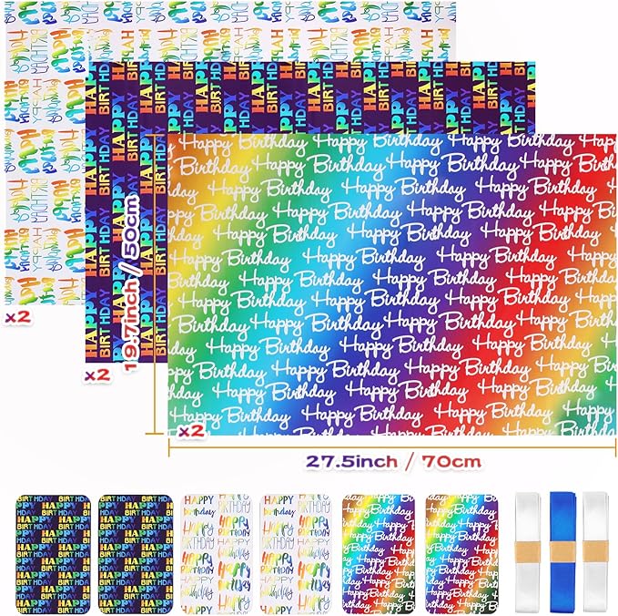 BWLOIES Wrapping Paper Birthday Wrapping Paper Sheets Hradient Multi-colour Happy Birthday Paper Set Include Bday Gift Wrap withTags & Ribbon,Present wrap for Boys Men Girls Women
