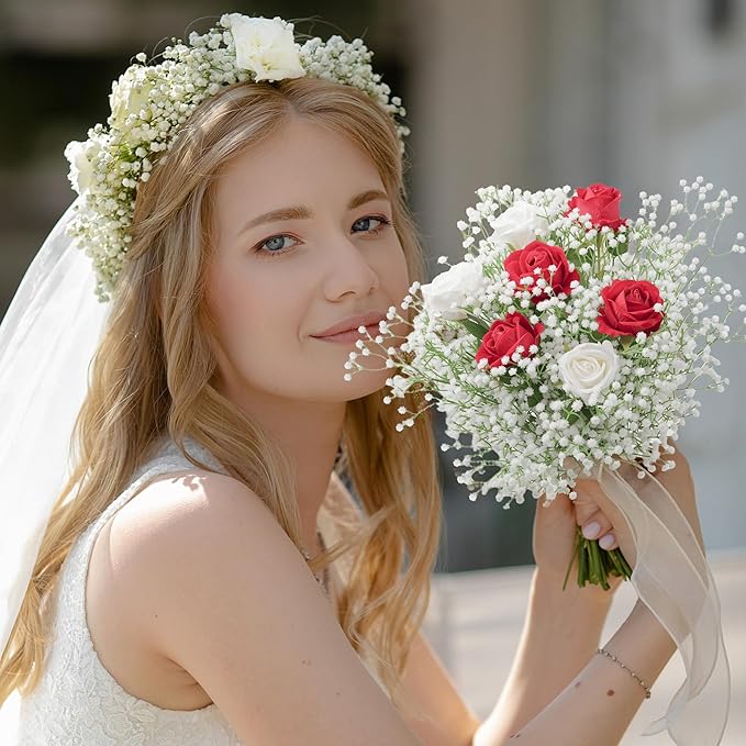 40Pcs Babys Breath Artificial Flowers, White Gypsophila Real Touch White Flowers Artificial Bulk, DIY Wedding Flower Bouquet, Fake Babies Breath Flowers Long Stems for Home Decor