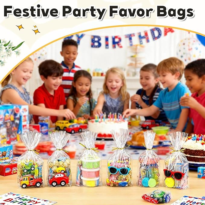PigPotParty Cellophane Treat Bags 7"x10", 50 Pack Clear Goodie Bags, Bottom Gusset for Stand-Up Display, Small Plastic Gift Wrap for Cookies, Candy, Party Favors, Popcorn, Includes 50 Gold Ties