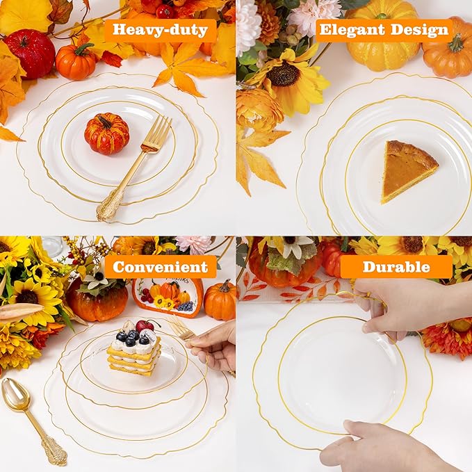 YOUBET 125PCS Thanksgiving Plastic Plates - Clear Gold Disposable Plates - 25 Guests Baroque Plastic Dinnerware Includes 25Dinner Plates, 25Dessert Plate, 75Silverware for Party & Wedding