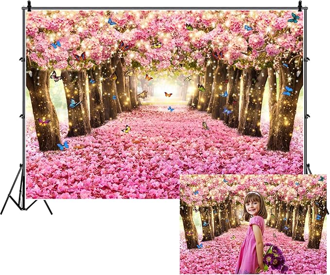Renaiss 10x8ft Pink Cherry Blossom Backdrop Fairy Tale Romantic Pink Flowers Tree Butterfly Floral Petal Falling Boulevard Photography Background for Wedding Newborn Party Decor Photo Props