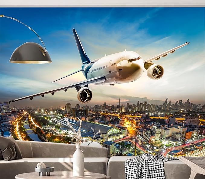 Cliouar-Airplane Flying Over The Night City Wall Mural Wallpaper Peel and Stick 137" x 102"