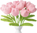YoungJoy 12 Pcs Crochet Rose Handmade Knitted Flowers Tulip Sunflower Daisy Heart Artificial Knitted Floral Mother Day Graduation Home Decor(Cute Pink Tulip)