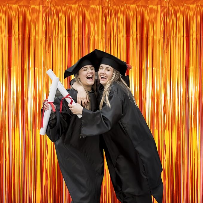 GOER 3.2 ft x 8.2 ft Metallic Tinsel Foil Fringe Curtains Party Photo Backdrop Party Streamers for Birthday,Graduation,New Year Eve Decorations Wedding Decor (5 Packs,Orange)