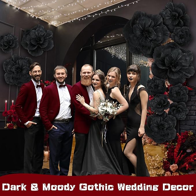 Giant Paper Flowers Artificial Large Paper Flower Decoration for Handcrafted Wall Backdrop Christmas Mexican Wedding Graduation Bridal Shower Birthday Party Supplies(Black,12 Pcs)