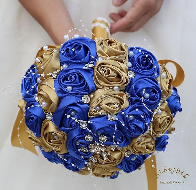 Bridal Wedding Bouquet Round Bling Brooch Bouquet Throw Toss Artificial Rose Flower Bunch for Bride Bridesmaid Wedding Quinceanera(Royal Blue & Gold, 9.8")