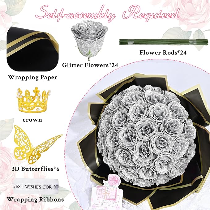 Waipfaru Glitter Roses Bouquet, DIY Fake Flowers Bouquet, Birthday Gifts for Women Mom, 24 Pcs Silver Rose for Grandma Wife Girlfriend Valentines, Mothers Day, Anniversary, Graduation