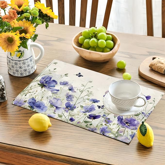 Farmhouse Flowers Placemats Set of 4 Butterfly Lavender Floral Plants Flower Leaves Placemats Rustic Floral Waterproof Washable Table Placemats for Dining Kitchen Decoration 4 PCS