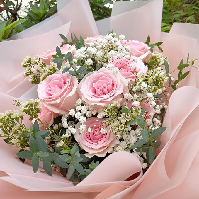 LeZakaa 20 Sheets Flower Wrapping Paper - Waterproof Reversible Floral Bouquet Paper - Pink Design for Valentine's Day, Mother's Day, Parties, Birthdays, Weddings, Baby Shower