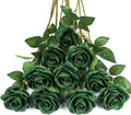 DuHouse 10pcs Fake Roses Artificial Silk Flowers Faux Rose Flower Long Stems Bouquet for Arrangement Wedding Centerpiece Party Home Kitchen Decor (Dark Green)