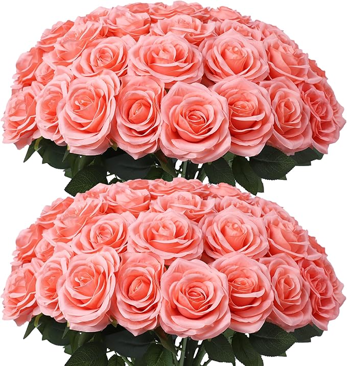 50pcs Artificial Rose Flower Coral Peach Flower with Long Stem Silk Roses Bouquet for Wedding Bridal Shower Party Home Decoration