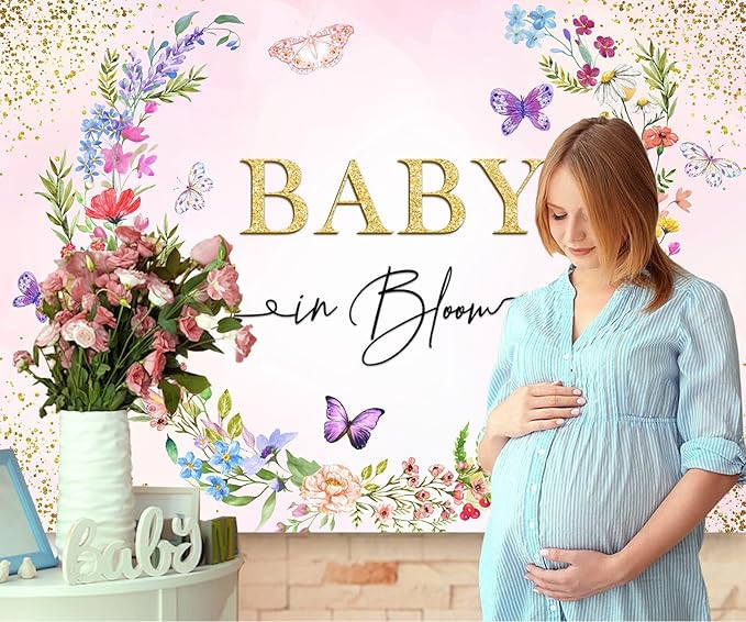 Sensfun Baby in Bloom Backdrop Banner Girls Wildflower Baby Shower Decorations,Pink Floral Butterfly Gold Glitter Photography Background Wildflowe Baby Shower Newborn Party Photo Booth Props 10x6.5ft