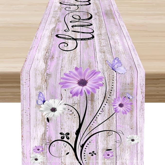 Purple Daisy Table Runner, Butterfly Rustic Seasonal Spring Wild Flower Rustic Blue Wood Farmhouse Decor for Family Kitchen Farmhouse Holiday Party Table Decorations Indoor Outdoor 13x90 inch