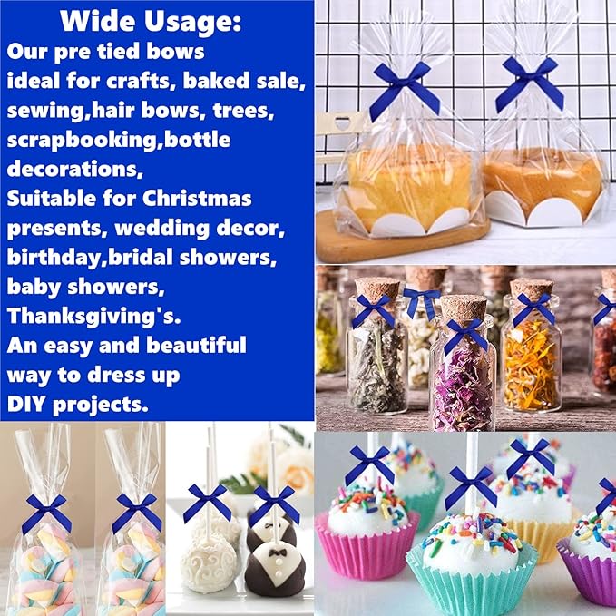 50 PCS 3 Inch Twist Bows for Treat Bags, Satin Twist Tie Bows, Pre Tied Bows with Wire, Ribbon Bows with Twist Ties for Gift Bags, Popcorn Bags, Cookie Bags, Party Favors(Royal Blue)